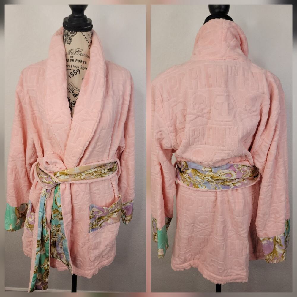 Philipp Plein Short Bathrobe SZ S Skull Baroque Long Sleeves Wrap Cozy Fleece